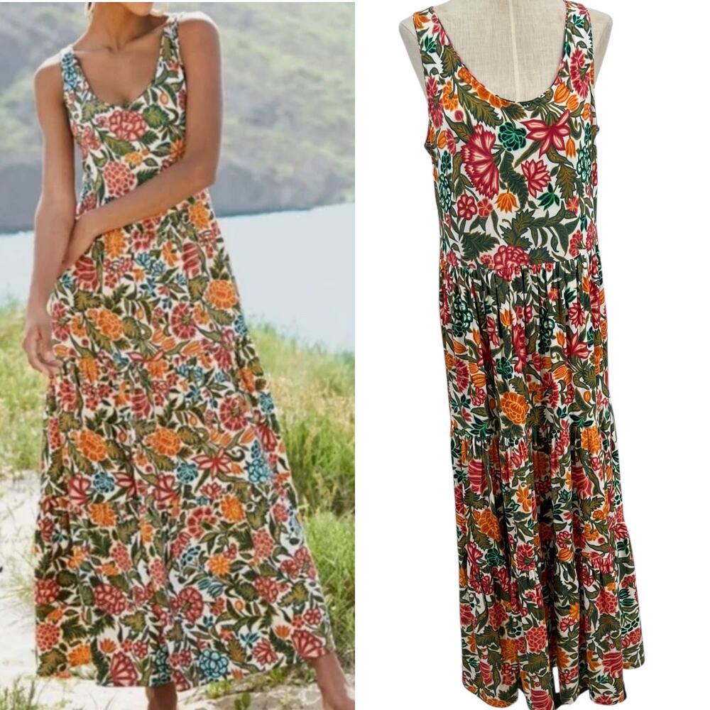 Peruvian Connection Carnaval Dress Maxi Tiered Jersey Floral Print Size Large